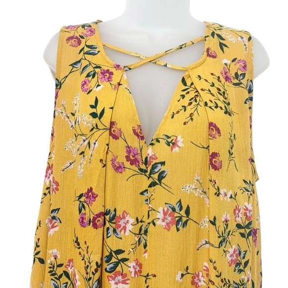 Umgee USA Yellow Floral Print Tunic Top Sleeveless Criss Cross Neck Tie Back M - Picture 5 of 11
